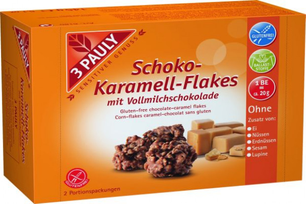Bezglutenowe Płatki w karmelu i mlecznej czekoladzie marki 3 PAULY