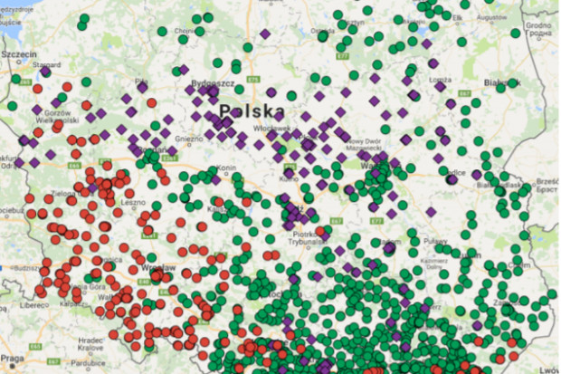 Legenda: zielone - Delikatesy Centrum; czerwone - EKO; fioletowe - Mila; Fot. za Eurocash Sklepy Mila mogłyby zasilić sieć Delikatesy Centrum