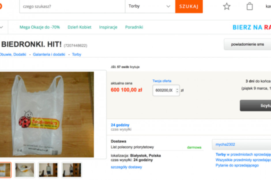 Fot. screen z Allegro.pl 600 tys. zł za reklamówkę z Biedronki