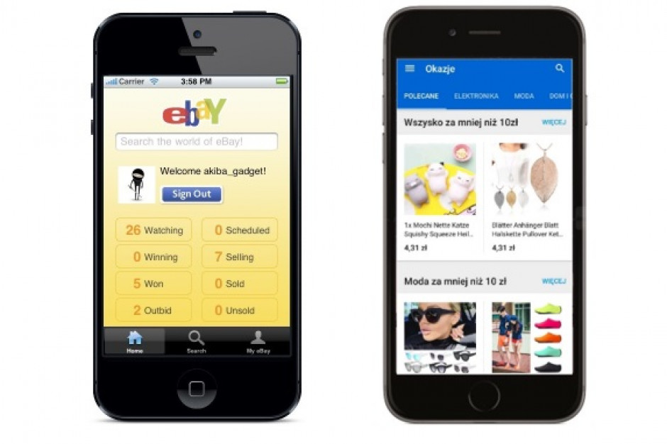 Interfejs aplikacji eBay z 2008 i 2018 roku, fot. materiały prasowe eBay o zwyczajach zakupowych Polaków