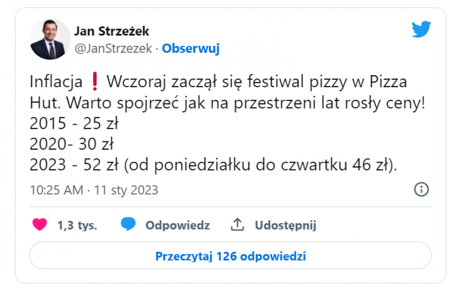 Jan Srzeżek protestuje przeciwko Inflacji i podwyżką festiwalu w Pizza Hut/ fot. Twitter