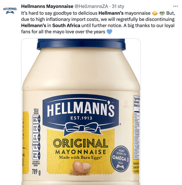 Unilever zaprzestaje sprzedaży majonezu Hellmann's w RPA fot. wpis firmy na Twitter